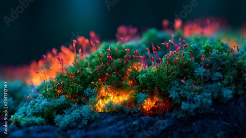 A vibrant patch of moss with small red flowers glows with a magical light in the undergrowth of a mysterious forest environment at night.