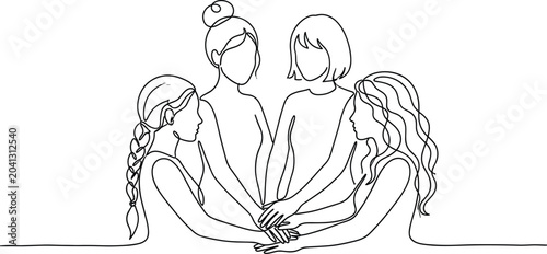 Bild auf Leinwand Continuous line drawing of women joining hands together.