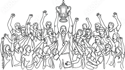 Continuous line drawing of a cheering sports team holding a trophy.