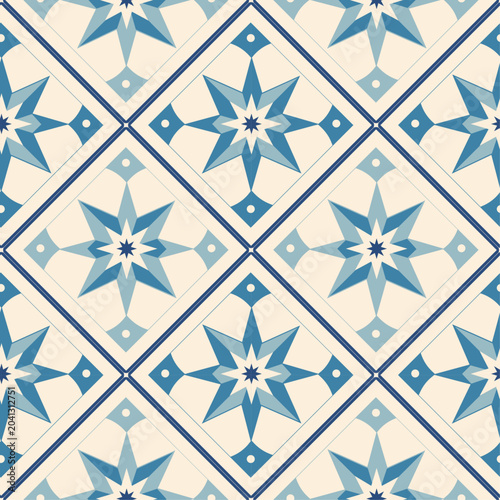 Blue Compass Star Tile Seamless Pattern Vintage Geometric Ceramic Wallpaper