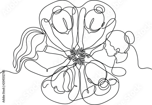 Foto Continuous one line drawing of a diverse group of women joining hands together