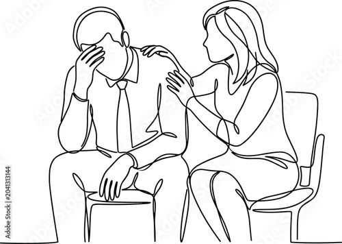 Schilderij op canvas Continuous line drawing of a woman comforting a sad man sitting in chairs