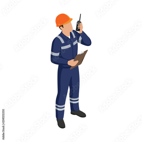 Industrial Safety Worker Communication Illustration, Construction Site Engineer Using Walkie Talkie And Clipboard, Isometric Maintenance Technician Vector Design Artwork