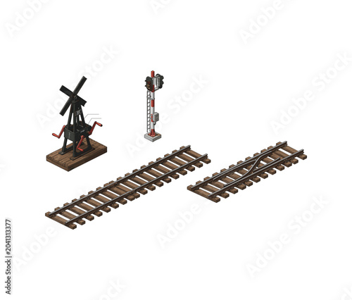 Isometric railway infrastructure elements, railroad tracks, switching rails and signal equipment illustration for transportation engineering and logistics projects