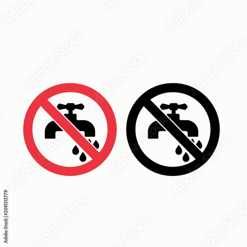 no water from faucet sign, water restriction warning symbol, tap closed prohibition icon, plumbing limitation notice, dry tap alert illustration, utility control vector signage set for public use.