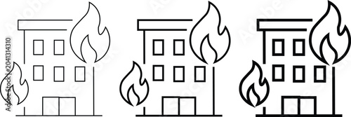 Canvastavla Minimalist building fire line icons, burning apartment house vector set, emergen