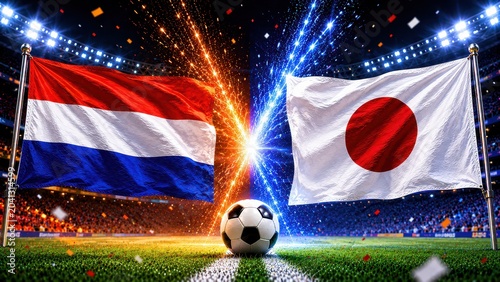 Exciting international soccer match netherlands vs japan stadium arena sports event nighttime atmosphere spectator viewpoint  ,  2026