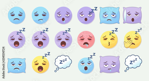 Cartoon emoticons representing various sleep expressions and emotions on light background