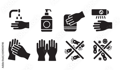 Bild auf Leinwand Hygiene and hand washing icon set representing sanitation protocols for health protection