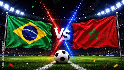 Brazil vs morocco thrilling soccer match stadium digital artwork dynamic atmosphere spectator's perspective sports rivalry ,  2026