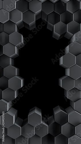 Border of patterned gray hexagons with empty center frame. Array of 3d rendered hex shapes creating a shiny frame for futuristic, scientific, or technical backgrounds.
