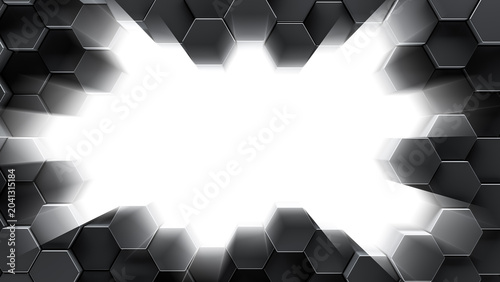 Border of patterned gray hexagons with empty center frame. Array of 3d rendered hex shapes creating bright white light frame for futuristic, scientific, or technical discovery backgrounds.