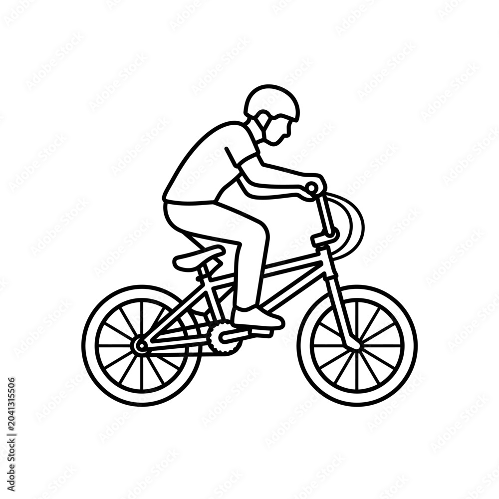 Naklejka premium Man riding a BMX bicycle with helmet line icon.