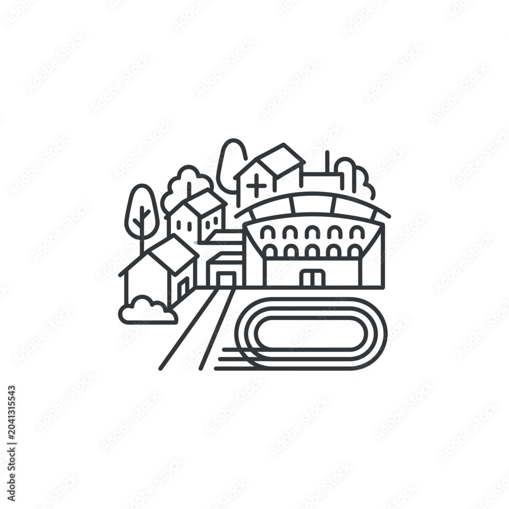 Naklejka premium Isometric line art of an outdoor stadium and city.