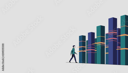Man walking towards a rising bar graph representing business growth and financial success on a plain background
