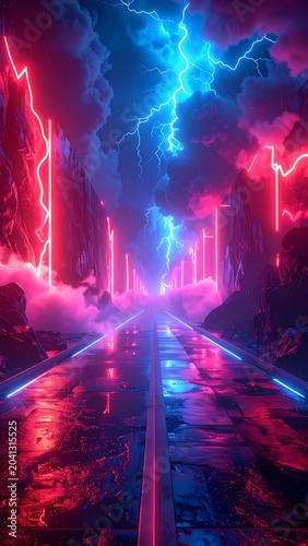 Neon Electric Stormy Cityscape Night Road.