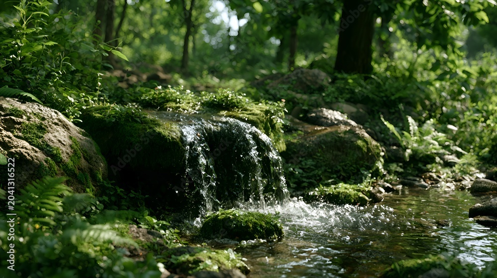 Fototapeta premium A peaceful small waterfall flows gently over mossy rocks in a lush green forest with sunlit foliage creating a serene natural scene.