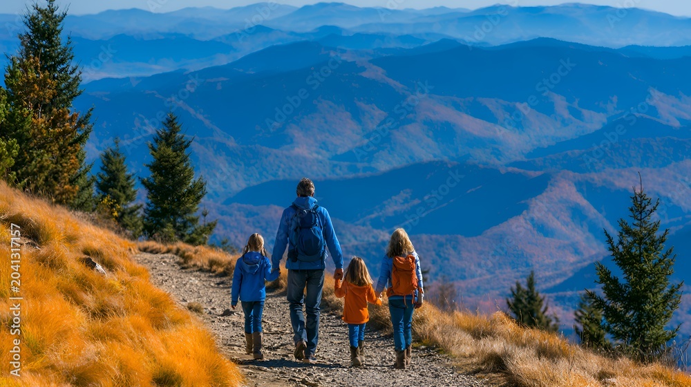 Obraz premium A happy family walks through an autumn forest with falling leaves and smiles while enjoying a peaceful moment together in nature sunlight.