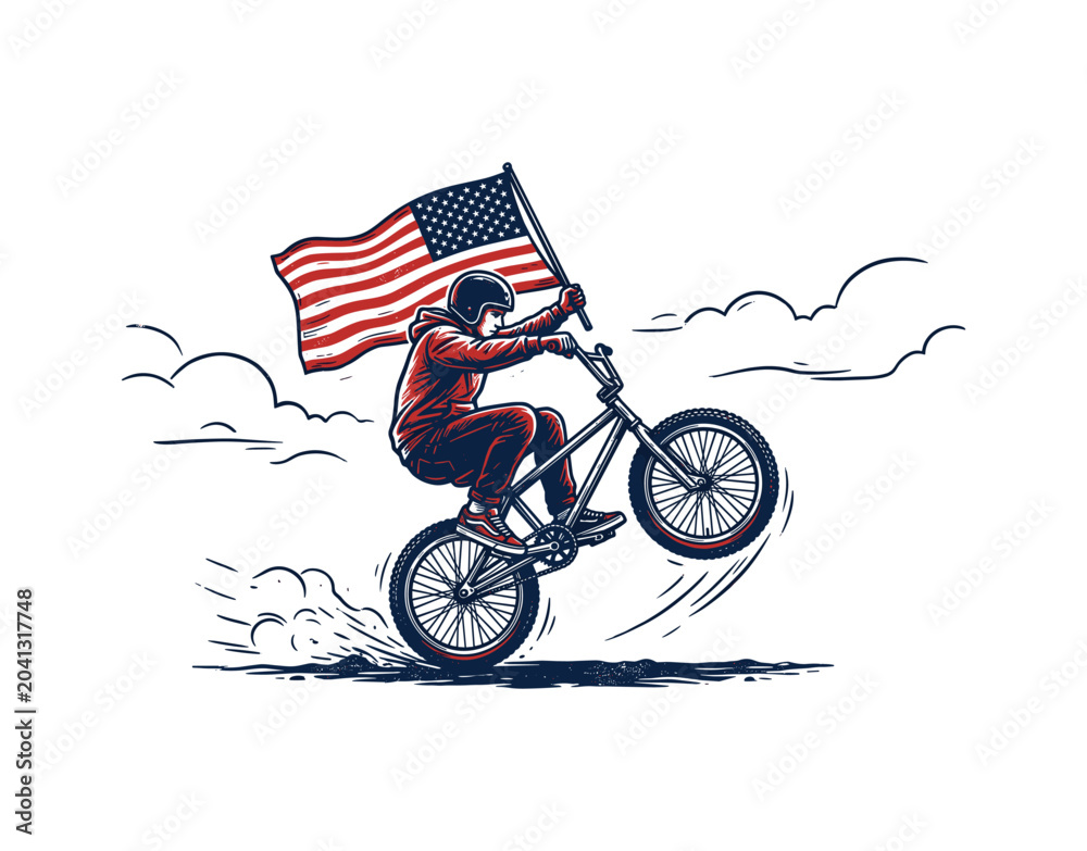 Naklejka premium Patriotic BMX rider illustration performing stunt with American flag, extreme sports action, and adventurous USA freedom celebration artwork
