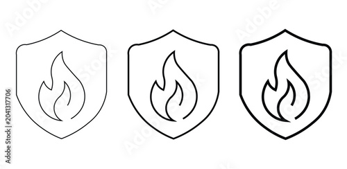 Foto Fire protection shield icons, flame resistant safety symbols in thin and thick l