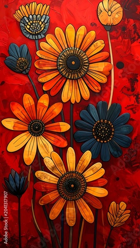 Vibrant flowers on red background art.
