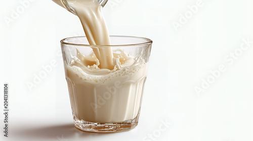 Fresh Milk Pouring Into Glass With Dynamic Splash Isolated On White Background