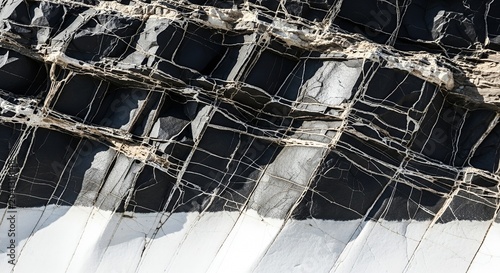 Intricate patterns of dark rock formations with white streaks, showcasing natural geological textures and abstract designs.