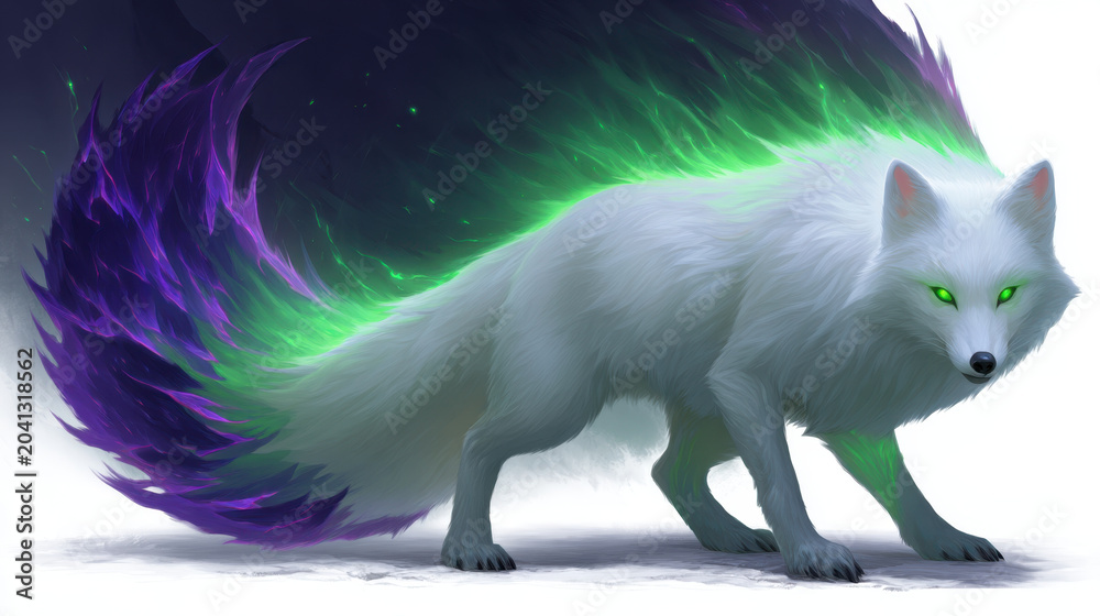 Fototapeta premium White fox with green glow and purple tail, fantasy animal illustration, isolated on white background