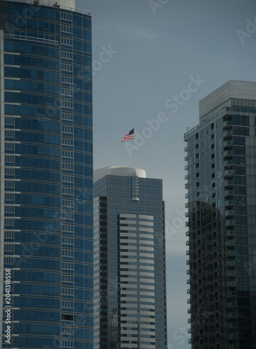 American Flag Between Seattle Skyscrapers on Memorial Day Weekend