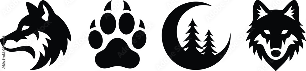 Obraz premium Minimalist Wild Wolf Head, Paw Print, and Forest Crescent Moon Vector Icon Set, Modern Wilderness Predator Emblem Bundle, Wolf Profile, Track, and Night Pine Tree Graphics.