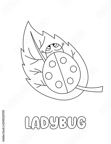 Letter L. Ladybug on leaf. Learning ABC coloring page for kids. Black and white hand drawn vector illustration for children. Cute outline drawing and text for coloring. Preschool, kindergarten