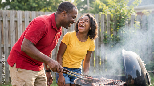 Father's Day dad barbecuing with teenage daughter joyful laughter for family celebration campaign poster social media content greeting card promotional material