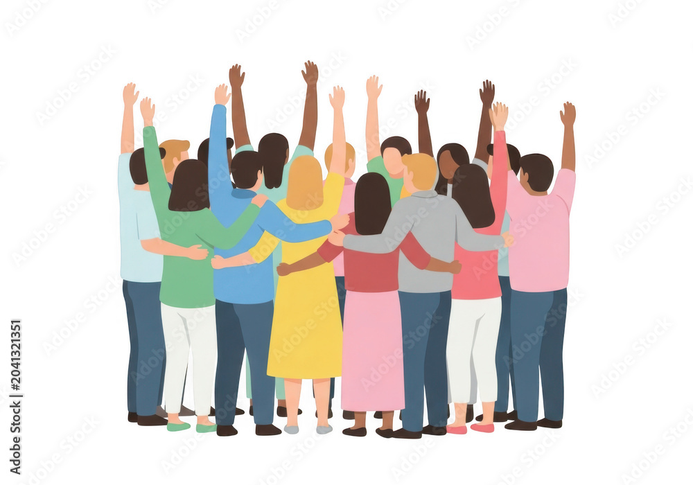 Obraz premium Group of diverse people standing together with arms raised in unity and support isolated on transparent background