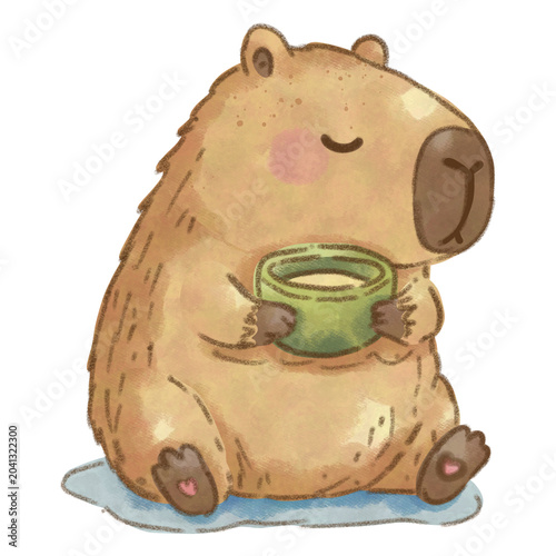 Cute Watercolor Capybara Drinking Tea Clipart PNG