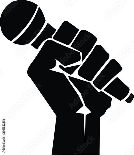 Obraz na płótnie Black fist holding microphone, symbolizing protest, freedom of speech, and music