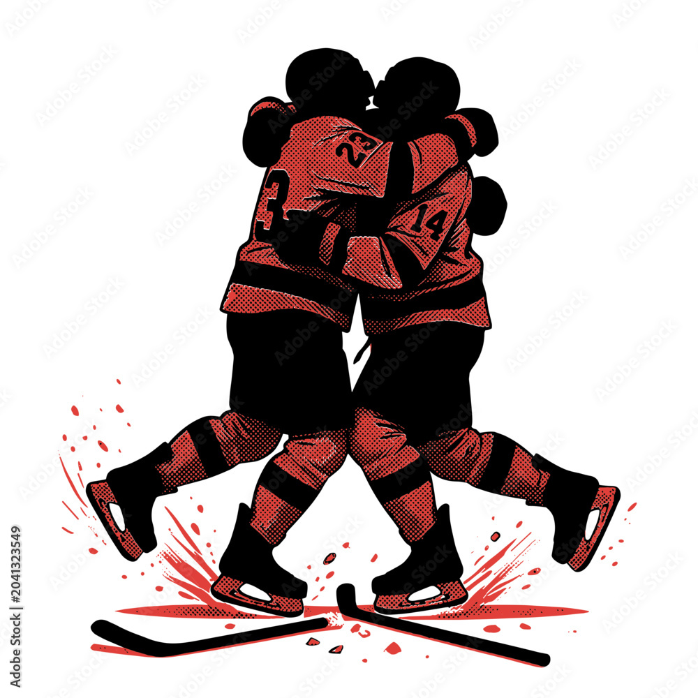 Fototapeta premium Two hockey players celebrating a goal in a joyful embrace