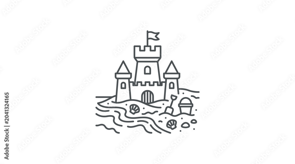 Naklejka premium Detailed sandcastle line art on a wavy beach shore