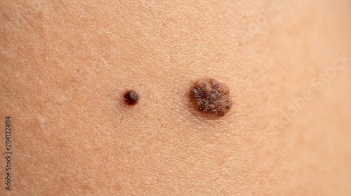 Close up of two moles on peach tan skin one small and dark the other large and irregular