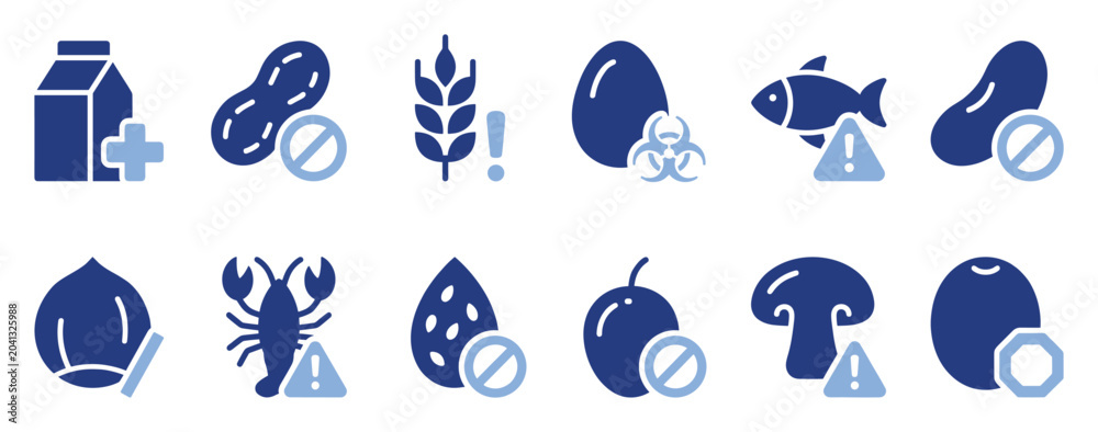 Fototapeta premium Food allergy icons. Allergen warning symbols. Flat style collection.