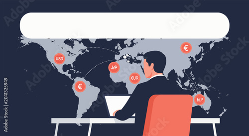 Man in suit working on laptop with global currency symbols on world map, concept for finance, trading and international business.