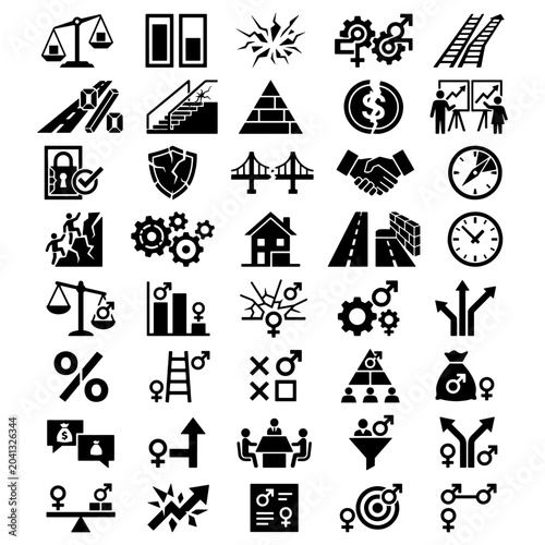 Gender pay gap and corporate workplace equity geometric vector icons pack