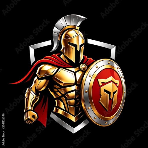 Golden Spartan warrior with red cape and shield, symbolizing ancient valor, honor, and heroic strength in striking digital art