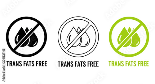 Trans fats free icons, no trans fat labels, healthy food symbols, vector graphics