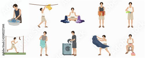 Man doing laundry illustration set, young male character performing household chores like washing, drying, and folding clothes