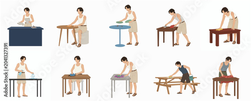 Bild auf Leinwand Flat vector illustration set of a young man performing various cleaning chores a