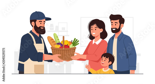 Schilderij op canvas Grocer Delivering Basket of Fresh Food to Family
