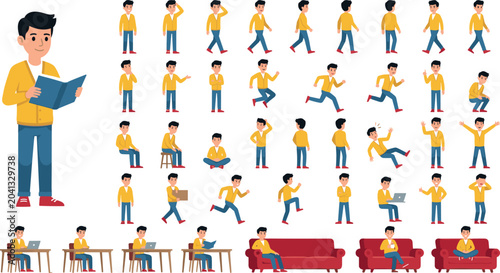 Male Character Vector Animation Set with Reading Walking Working Sitting and Lifestyle Poses for Creative Design