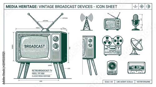 Vintage Broadcast Technology Icons: Retro TV, Microphone, Reel-to-Reel, Cassette