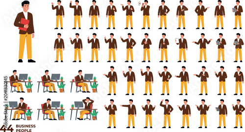 Business man character pose set vector illustration with office worker actions, laptop desk, gestures, and professional activities