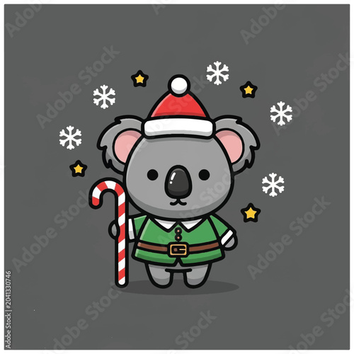 Photography Koala in Santa Hat Holding Candy.